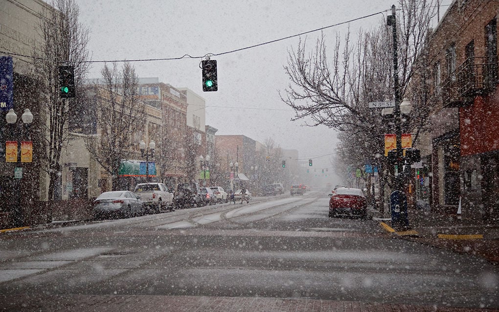 Snowy downtown scene