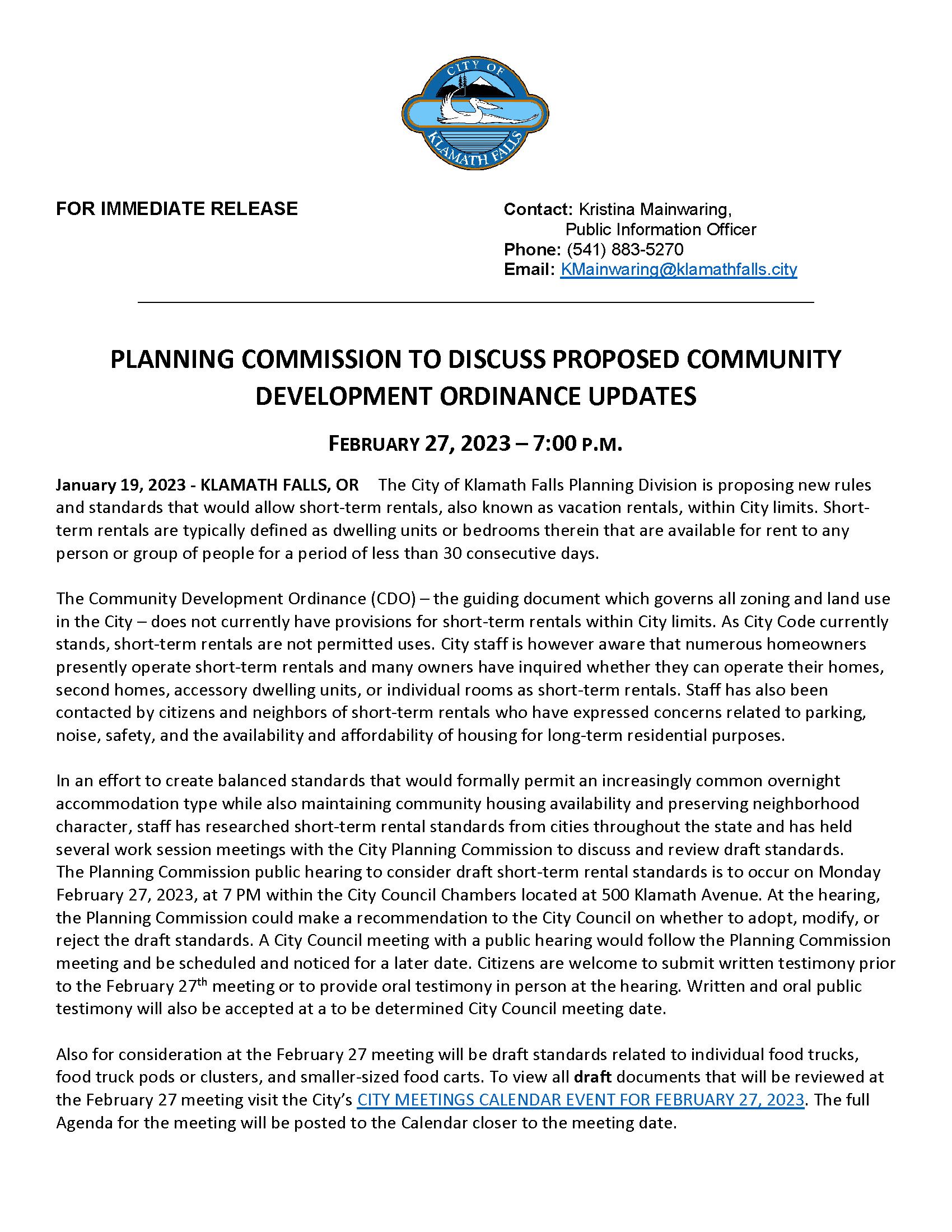 2023-01-19 February 27 Planning Commission Meeting - Short Term Rentals